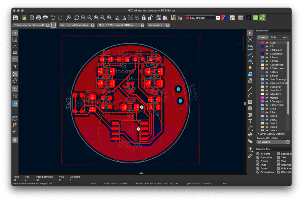 Imported Specctra session file with new routes in place in KiCad