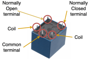 Image of the Terminals of a "1 Form C" relay, these are generally the same across most relays, number and positions will change.