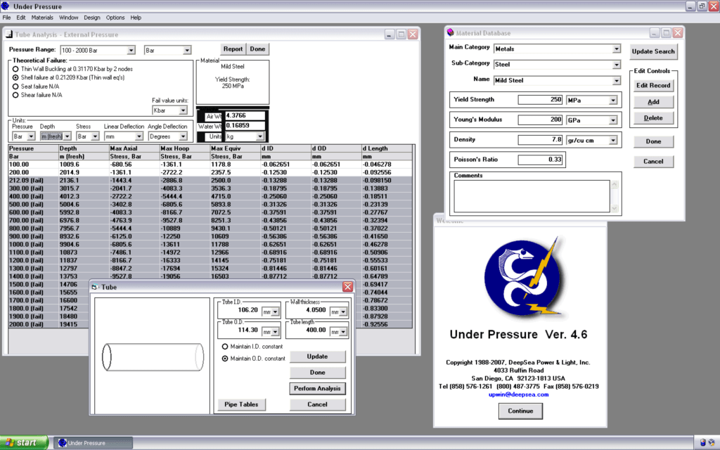 Under Pressure Version 4.6 by DeapSea. A tool for working out operational depths of pressure vessels.