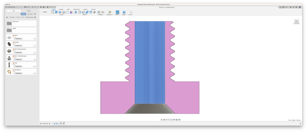 Sectional analysis of the machine screw showing the cross-section of the cavity for backfilling with epoxy.