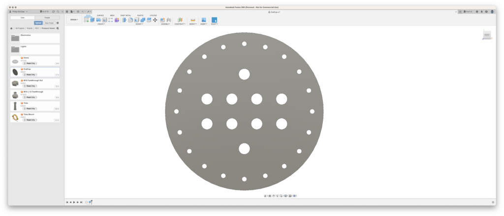 Fusion 360 Drawing of the End cap, showing mounting and feed through holes.