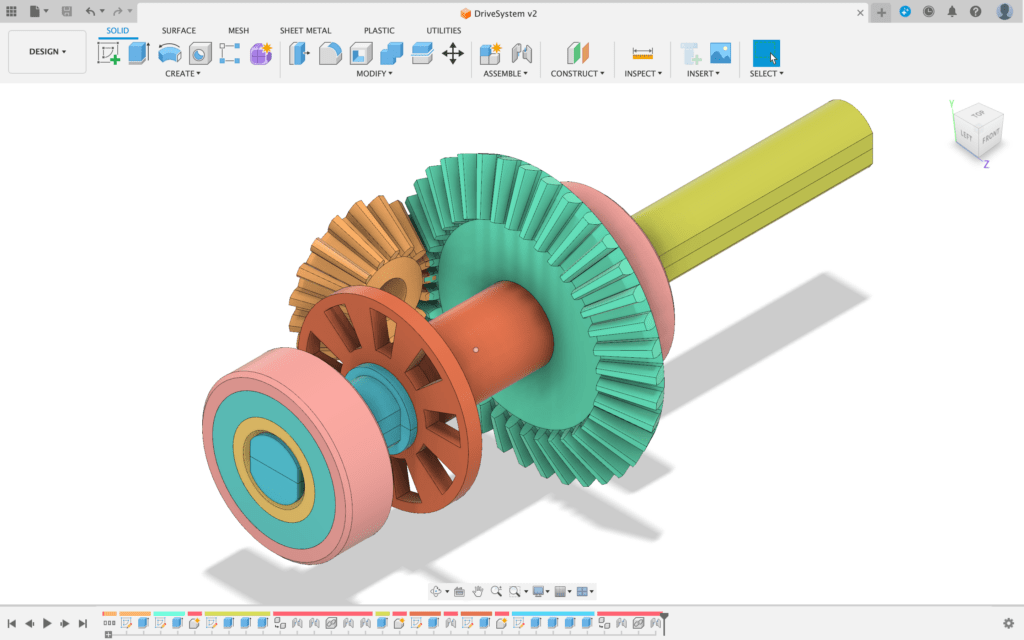 Design for 3D printed bevel gears in Fusion 360. The optical detection ring is shown on this side of the large bevelled gear. The shaft is supported on two L6008ZZ bearings.