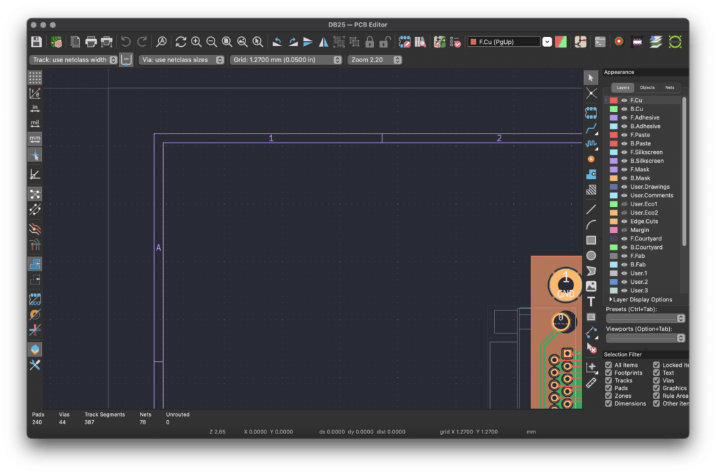 By default I have the grid turned on, the cursor set to "Full window crosshairs", and the units set to mm. I prefer to work on a grid of 1.2700 mm (0.0500 in) most of the time, as this makes laying out headers and connectors easier on the grid,