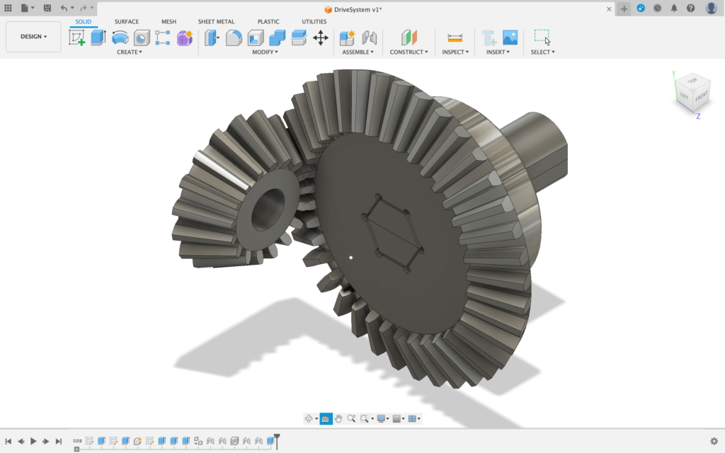 Design for 3D printed bevel gears in Fusion 360. These gears are to transmit the power from the motor to the drive wheel on the tank tracks.