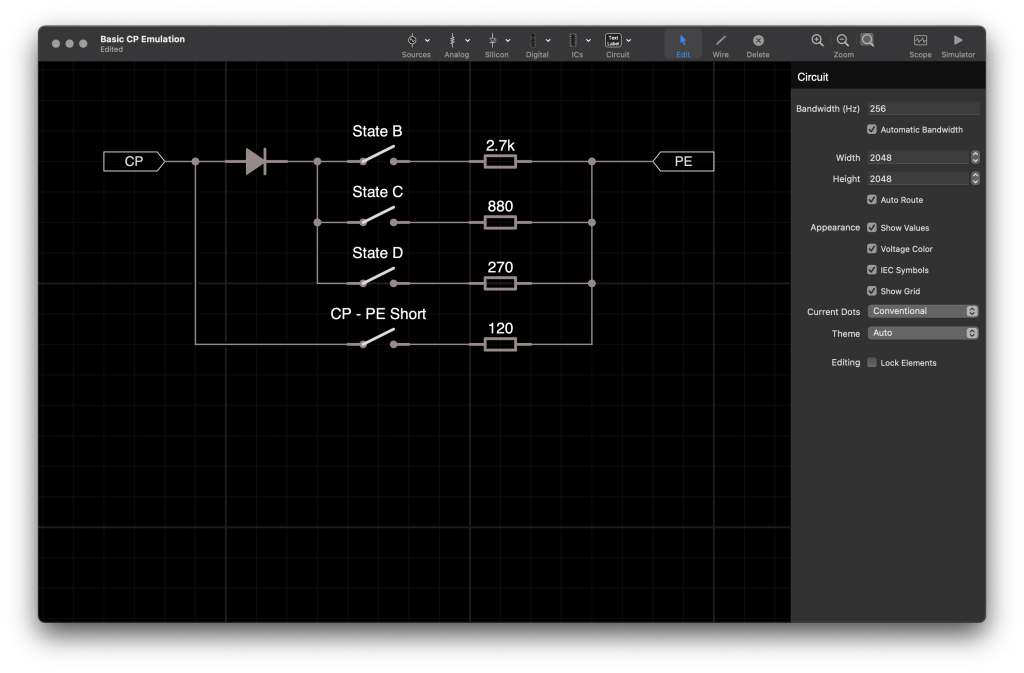 Basic Control Pilot Emulation equivalent circuit (Drawn in iCircuit).