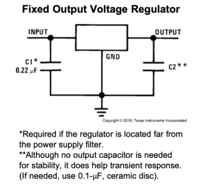 LM7805 Fixed output voltage regulator supporting components.